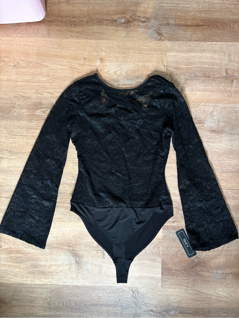 A. Byer Black Lace Bell-Sleeve Bodysuit